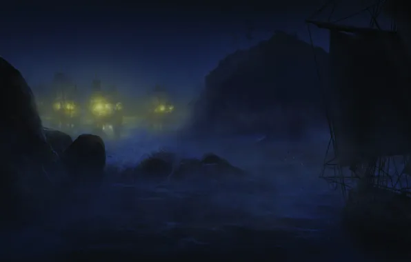 Картинка море, волны, ночь, корабли, Assassin's Creed III, Кредо убийцы 3