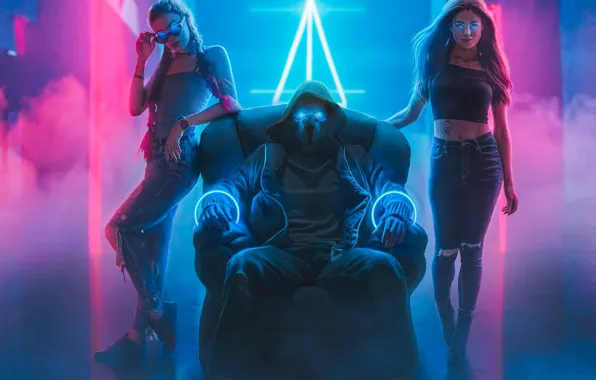 Bad girls, cyberpunk, bad boy, neon light, nightclub, mask