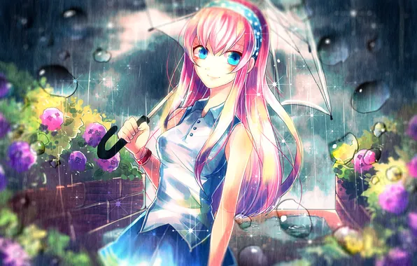 Картинка девушка, капли, цветы, дождь, зонт, арт, vocaloid, megurine luka