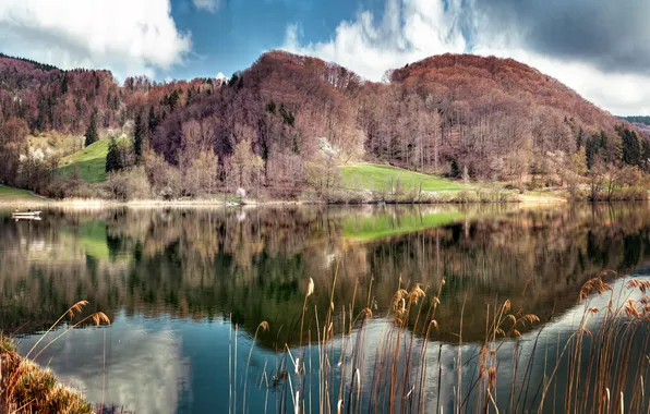 Картинка небо, озеро, отражение, Холмы
