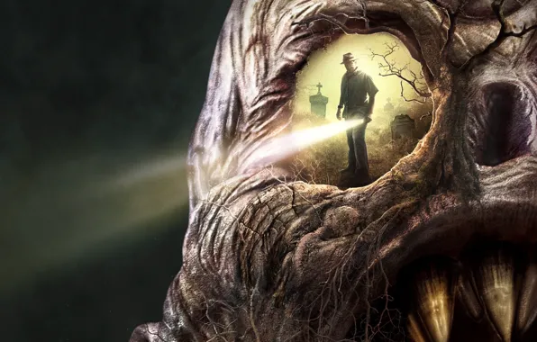 Cinema, skull, RIP, monster, eyes, movie, cemetery, fang