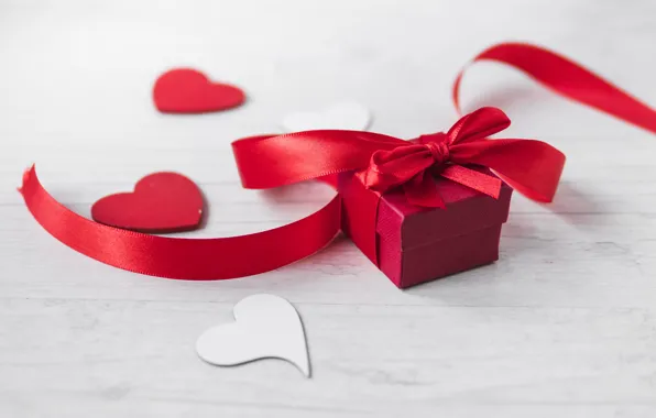Коробка, подарок, лента, сердечки, День святого Валентина