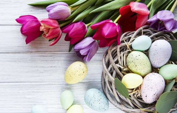Цветы, яйца, весна, colorful, Пасха, тюльпаны, happy, wood