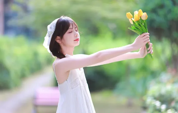 Beautiful, Asian, Model, Flowers, Woman, Cute, Pretty, Sunny