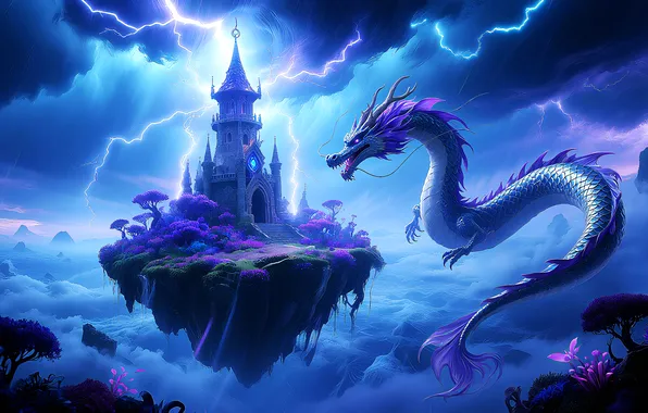 Картинка city, fantasy, dragon, castle, flying island, chinese