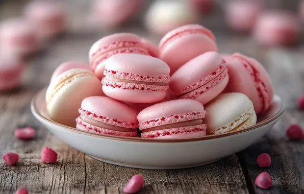 Печенье, розовые, миска, пирожные, макаруны, ИИ-арт, нейросеть