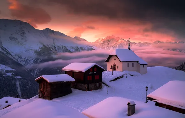 Картинка зима, облака, снег, пейзаж, горы, природа, рассвет, дома
