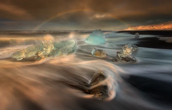 Море, волны, пляж, свет, лёд, радуга, выдержка, Исландия