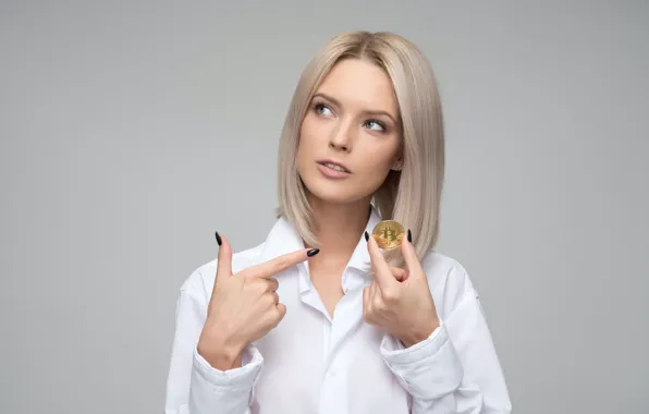 Жест, белая блузка, bitcoin, gesture, красивая блондинка, white blouse, beautiful blonde, очаровательная девушка