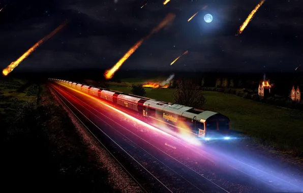 Картинка ночь, огни, сияние, Поезд, метеорит