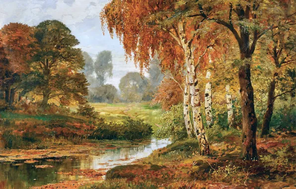 Деревья, Картина, Речка, Alois Arnegger, Алоис Арнеггер, Австрийский живописец, Осенний лес с рекой