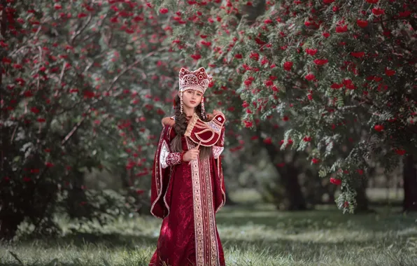 Взгляд, украшения, деревья, ветки, природа, поза, стиль, парк