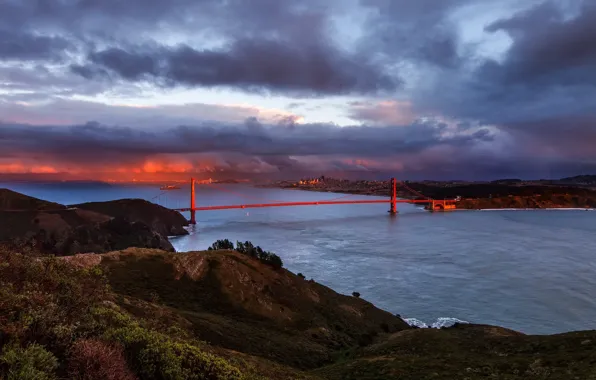 Закат, мост, природа, Golden Gate