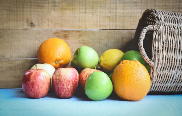 Картинка красный, зеленый, фон, лимон, яблоки, доски, апельсин, еда