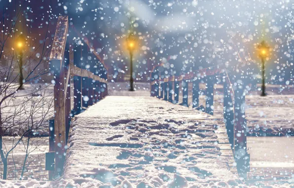 Картинка фото, Зима, Мост, Ночь, Город, Снег, Парк, Уличные фонари