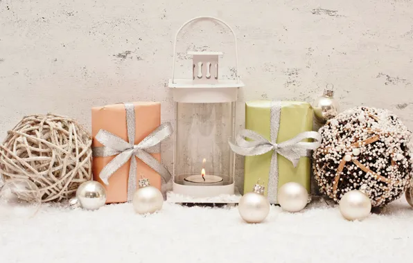 Картинка снег, украшения, шары, свечи, Новый Год, Рождество, подарки, Christmas