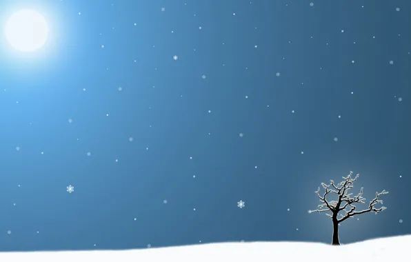 Картинка зима, солнце, снежинки, одинокое дерево