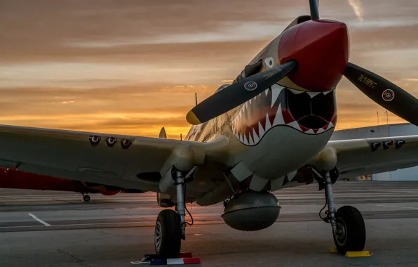 Картинка закат, истребитель, аэродром, P-40 Warhawk