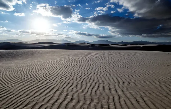 Небо, облака, барханы, пустыня, дюны, пески, New Mexico, White Sands