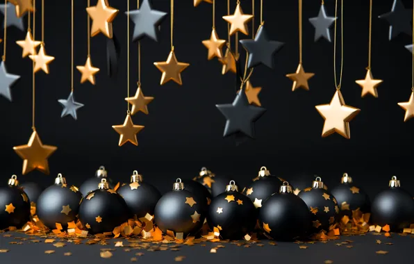Звезды, украшения, шары, Новый Год, Рождество, golden, new year, happy