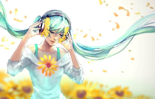 Цветы, лепестки, наушники, Hatsune Miku, длинные волосы, art, vokaloid, закрытые глаза