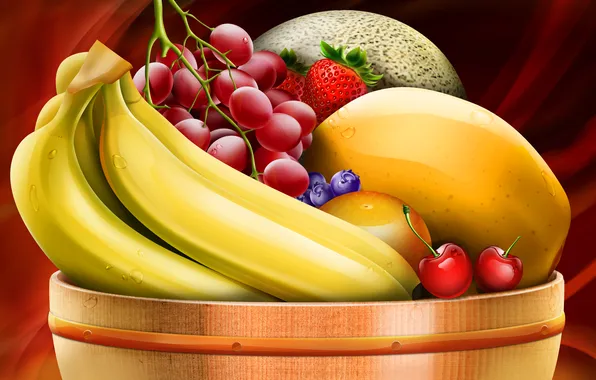 Еда, ягода, ваза, фрукты, банан