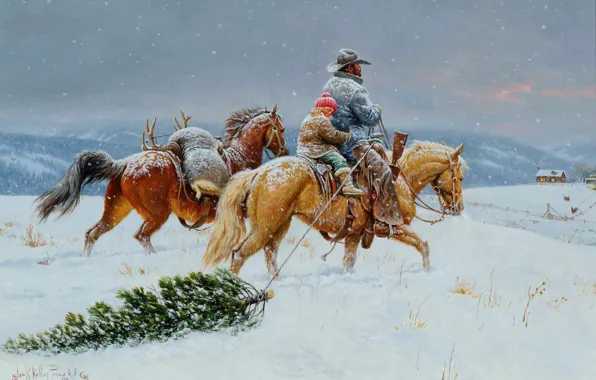 Картинка зима, небо, снег, пейзаж, горы, дом, праздник, лошадь