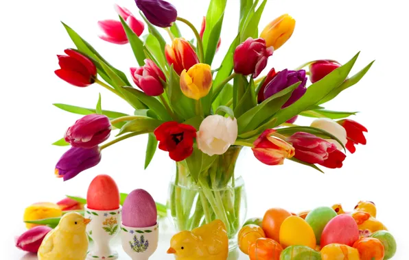 Картинка цветы, яйца, весна, colorful, пасха, тюльпаны, flowers, tulips