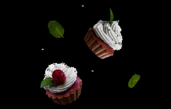 Листья, ягоды, малина, еда, пирожное, сладкое, капкейк