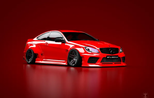 Mercedes-Benz, Красный, Машина, Mercedes, Автомобиль, C63, Widebody, Красный фон