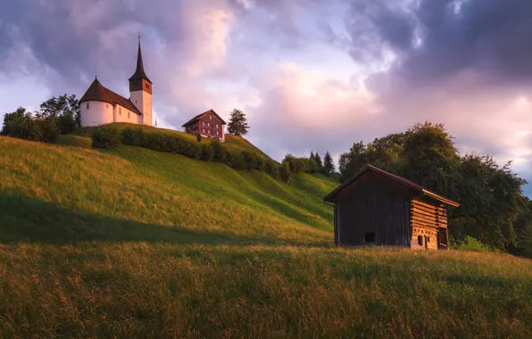Пейзаж, закат, тучи, природа, холмы, Швейцария, склон, церковь