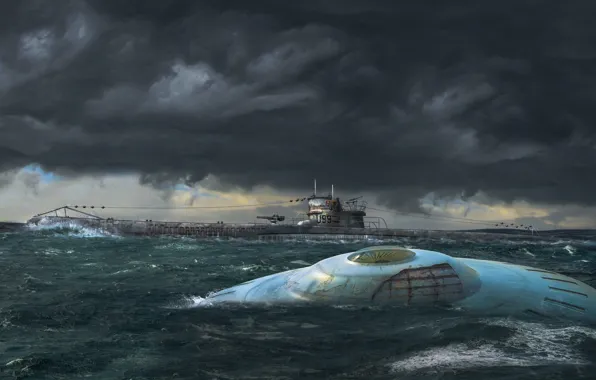 Волны, небо, тучи, океан, НЛО, U-99, немецкая подводная лодка, &ampquot;Летающая тарелка&ampquot; третьего рейха
