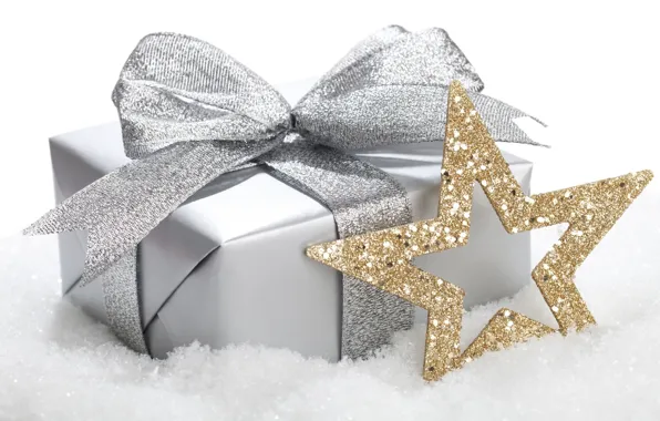 Золото, праздник, коробка, подарок, звезда, серебро, новый год, блестки