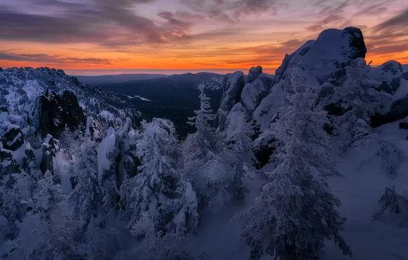 Зима, снег, деревья, пейзаж, горы, природа, скалы, рассвет