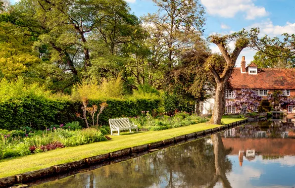Картинка зелень, трава, вода, деревья, скамейка, дом, отражение, Великобритания