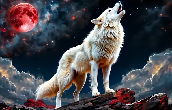 Картинка moon, night, wolf, ai art