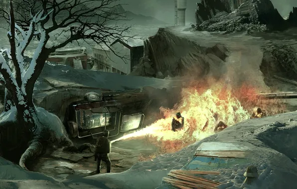 Картинка машина, снег, люди, дерево, пламя, здания, огнемет