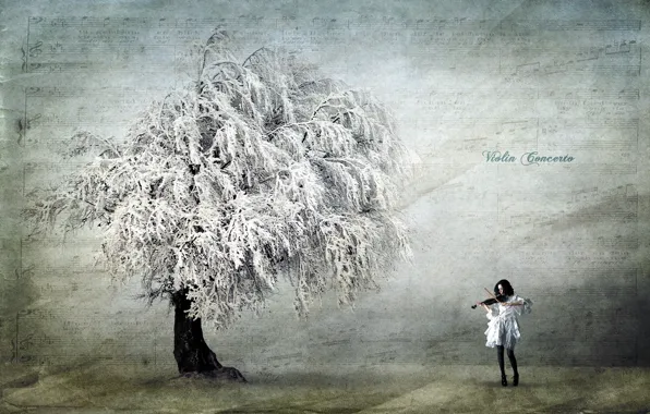 Картинка девушка, стиль, фон, дерево, скрипка