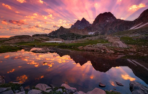 Небо, лучи, закат, горы, озеро