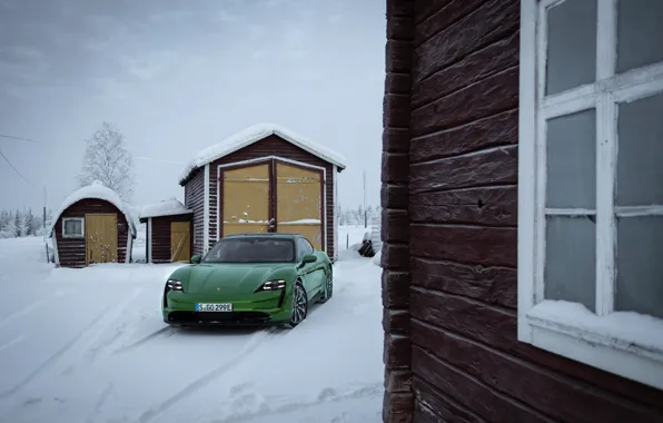 Картинка снег, дом, стена, Porsche, зелёный, строения, 2020, Taycan
