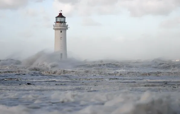 Море, волны, брызги, шторм, маяк, Англия