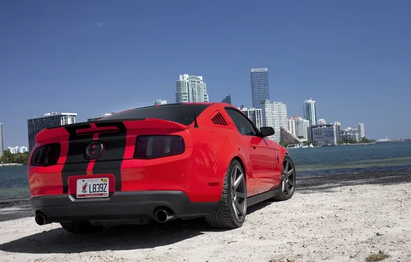 Mustang, red, ford, beach, miami