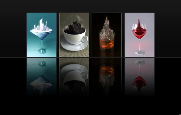 Стакан, отражение, чай, бокал, кофе, мороженое, черный фон, напитки