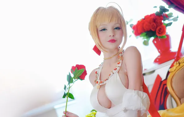 Girl, rose, sexy, cleavage, green eyes, dress, boobs, flowers