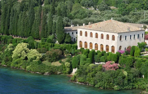Деревья, озеро, вилла, Италия, Гарда, Villa Guarienti