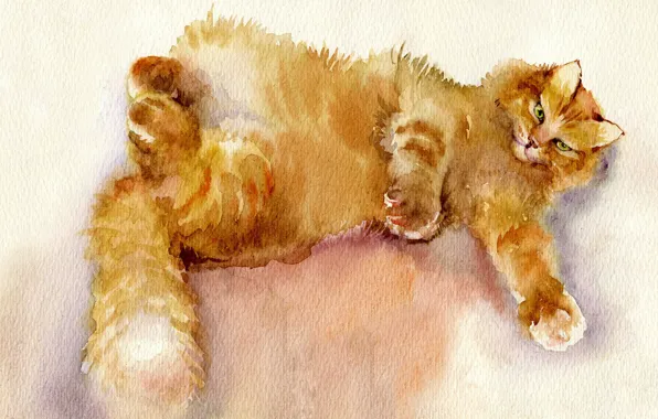 Кот, картина, арт, рыжий, акварель, лежит, живопись