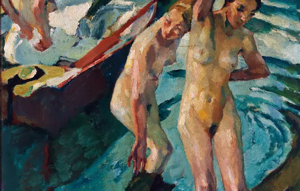 Вода, Девушки, Картина, Трое, Купальщицы, Лео Путц, Leo Putz, Обнажены