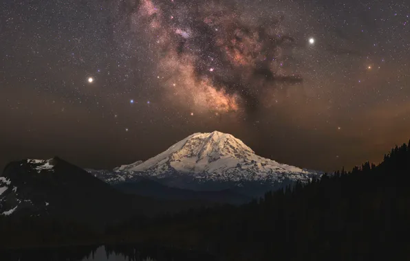 Картинка лес, космос, звезды, деревья, горы, ночь, озеро, Milky Way