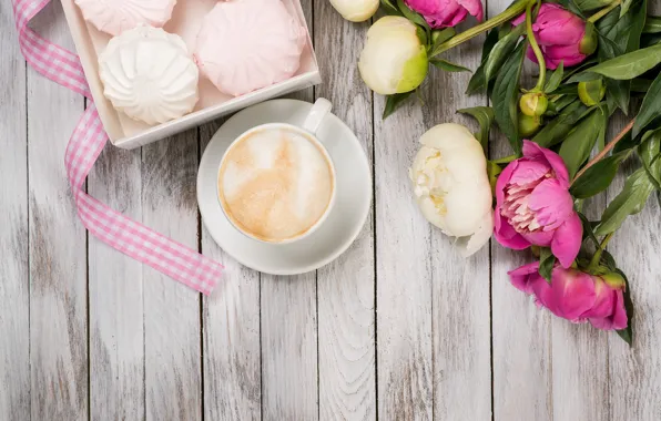 Кофе, бутоны, pink, flowers, romantic, пионы, зефир, peonies