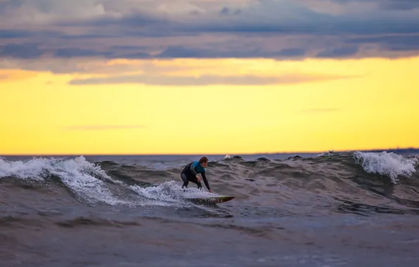 Waves, sea, sunset, surfing, surfer, extreme sport